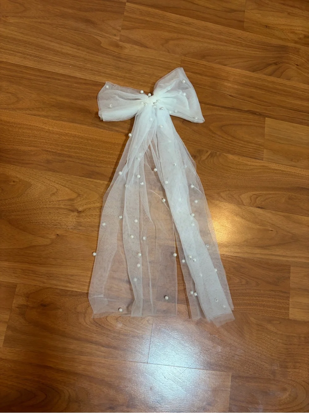 White Tulle Bow Hair Accessory with Pearls